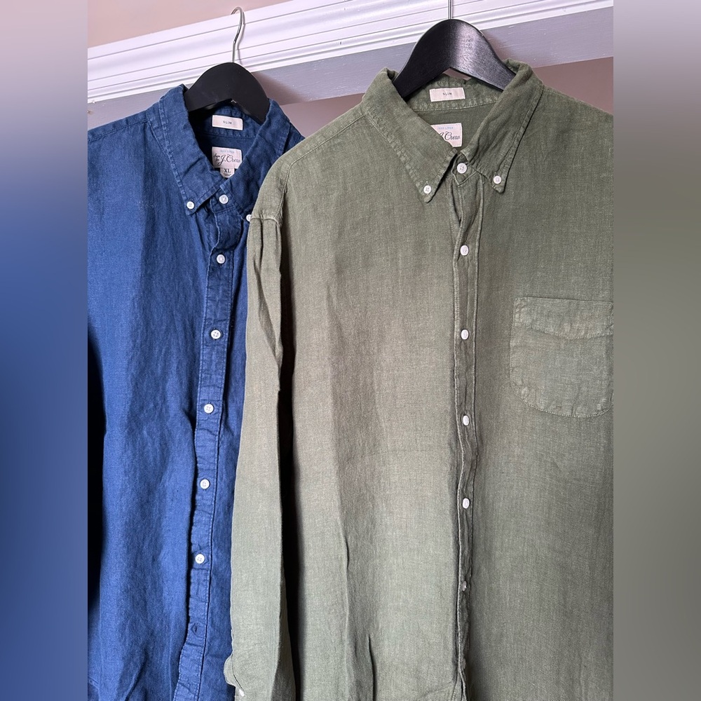 Two J. Crew Navy & Green Linen Shirt